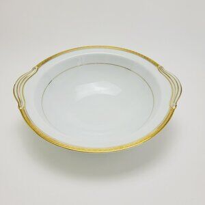 Noritake Richmond 10" Round Serving Bowl with Handle White Base Gold Etched Band